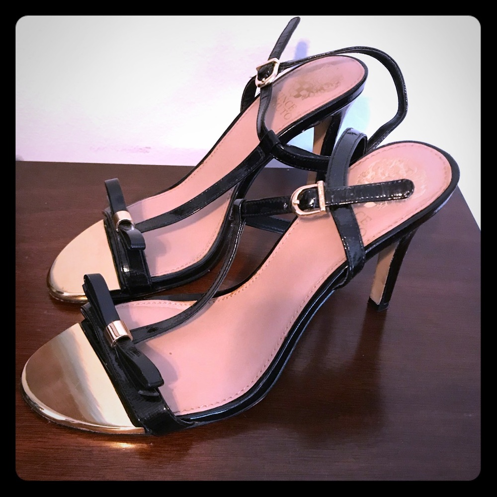 Vince Camuto Black and Gold Bow Toe Heels